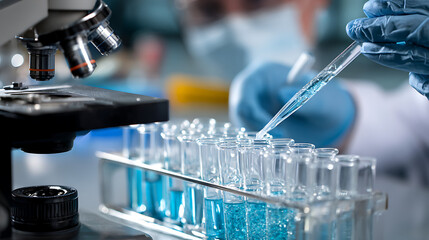 Scientist performing experiment with microscope and test tubes laboratory blue liquid