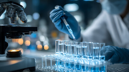 Scientist performing experiment with microscope and test tubes laboratory liquid