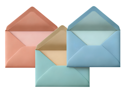 Collection of Open Envelopes Isolated on Transparent Background in Peach Gold and Blue Colors with Paper Texture Style