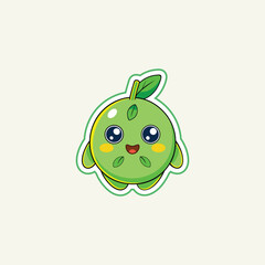 Kawaii Green Fruit Mascot Cute Citrus Cartoon Sticker Vector