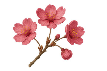 Pink cherry blossom branch with blooming sakura flowers and closed buds, watercolor illustration on transparent background