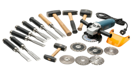 Assortment of construction hand tools chisels, hammers, grinder, and cutting discs