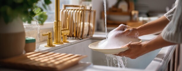 Fototapeta premium The Hands Washing Dishes in a Bright Modern Kitchen Sink with Sunlight