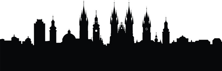 Fototapeta premium Historic European city skyline vector, Gothic cathedral spires silhouette, ornate towers and domes, medieval rooftops, architectural landmark skyline illustration, black silhouette on white background