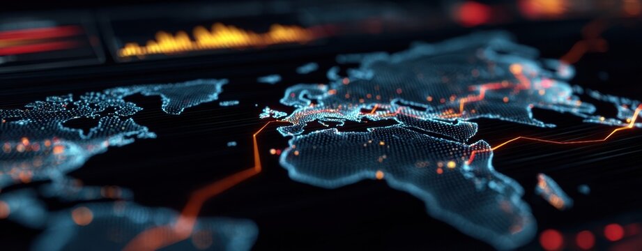 The World Map Showing Global Digital Network Connections with Glowing Data Nodes and Analytics Visuals