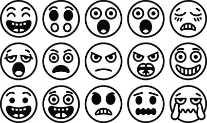Obraz premium Set of black and white emoji faces expressing various emotions and feelings