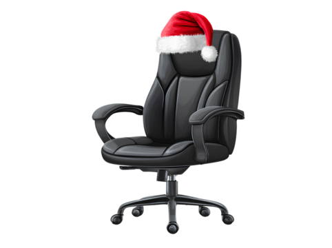 Ergonomic black office chair with santa hat on transparent background furniture for workspace seat