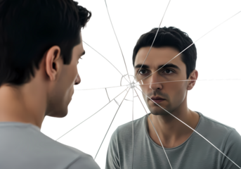 Man staring into a broken mirror reflection