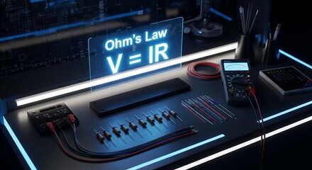 Learn Ohm's Law with a modern electronics lab setup, ideal for science education and technology demonstrations, showcasing circuits and electrical components