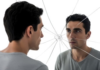 Man confronts his broken self in shattered mirror
