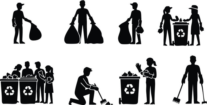 Silhouettes of people recycling and cleaning with bags and bins vector illustration for environmental awareness and waste management