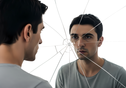Man staring into a broken mirror reflection - Powered by Adobe