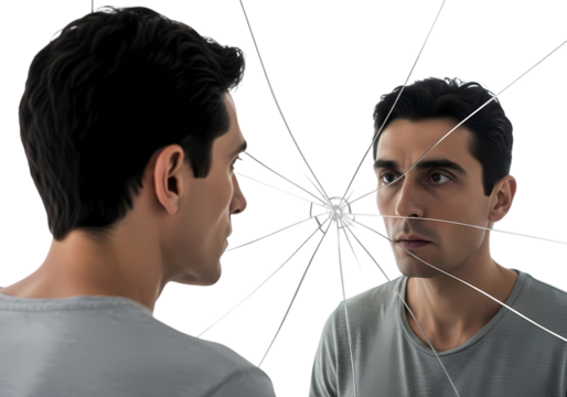 Man confronts his broken self in shattered mirror