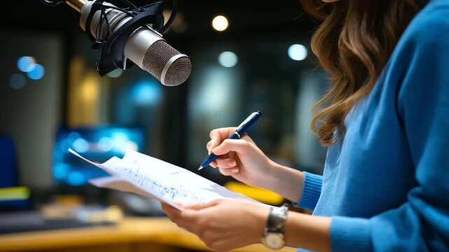 Hands-only faceless image of a woman marking notes on the script before recording, microphone blurred in foreground, with copy space
