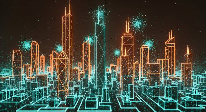 Abstract futuristic city grid with glowing buildings and data.