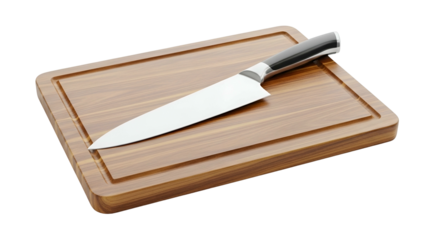 A sharp kitchen knife rests on a wooden cutting board with a recessed groove (1)
