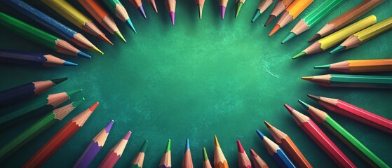 Vivid Top View Pencils on Green Background
