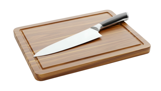 A sharp kitchen knife rests on a wooden cutting board with a recessed groove (1)