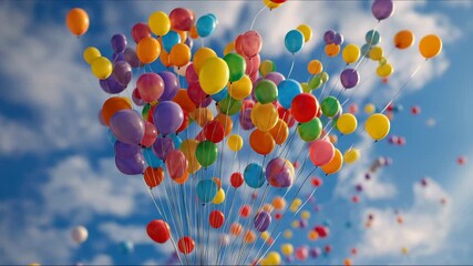 A large collection of colorful balloons floating against a clear blue sky, symbolizing celebration, joy, and a sense of freedom in a picturesque, uplifting scene. Colorful Balloons Float Against Brigh - Powered by Adobe