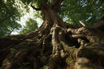Low Angle View of Massive Tree Roots Covered in Moss in a Lush Green Forest: Concept for Strength, Stability, Nature, and Heritage