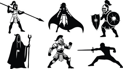 Medieval warriors and knights in various armor styles and poses vector illustration for fantasy and historical themes
