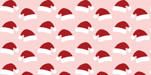 Clean, minimalist seamless pattern of festive red and white Santa Claus hats repeated across a bright white background. Excellent for Christmas product packaging, greeting cards, website headers, and 