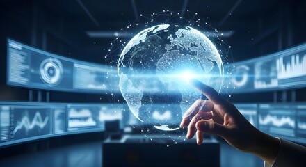 Hand touching glowing digital earth surrounded by futuristic data screens, representing global connectivity and technology.