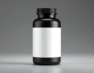 "Blank Canvas of Wellness: Black Bottle with White Label on Reflective Surface"