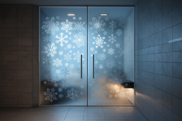 Steam room glass door with frosted snowflake decal pattern, matte tiles, diffused light, quiet winter spa atmosphere