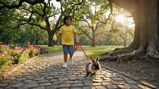 Child walks rabbit on leash along brick path in sunny park