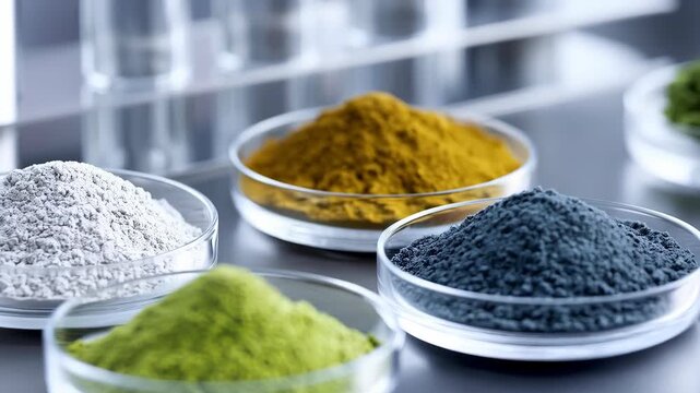 Close-up of various colored powdered chemical samples in petri dishes, arranged on a laboratory table with test tubes in the background, showing scientific research.