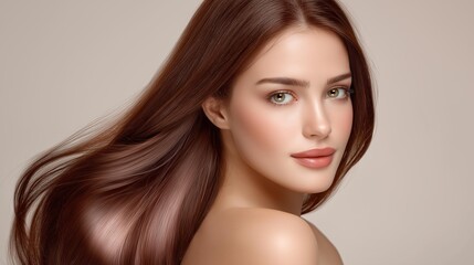 Fototapeta premium A captivating portrait of a woman with flowing hair and a natural glow, perfect for beauty and lifestyle themes.