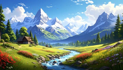 A vibrant scenic view of a mountain range with a river flowing through a lush green meadow, a clear blue sky above