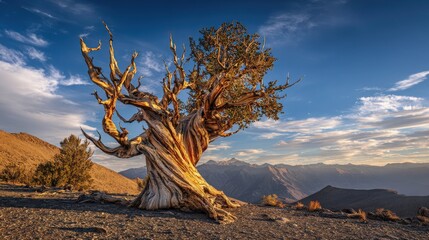 Majestic Ancient Bristlecone Pine Tree on Arid Mountain Ridge at Sunset with Dramatic Sky