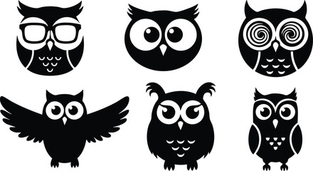 Fototapeta premium Set of six black owl icons with glasses and different eye designs vector illustration