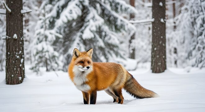 A beautiful red fox with a bushy tail stands alert in a snowy winter forest surrounded by pine trees.