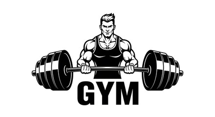 Muscular man lifting weights with gym text