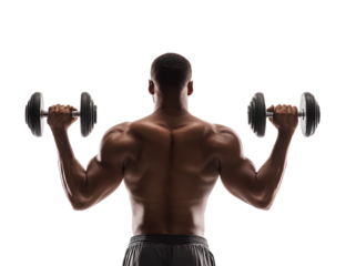 Muscular Man Doing Dumbbell Exercises Back View Isolated on Transparent Background Weightlifting Bodybuilding Workout Athlete