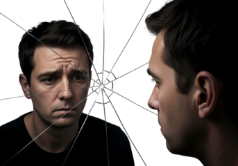 Man facing fractured reflection with worried expression