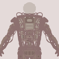 Detailed back view of a futuristic robot with exposed internal mechanics