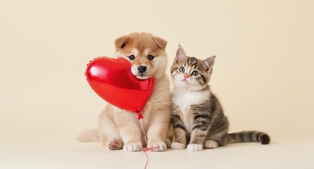 Fototapeta premium Cute Puppy and Kitten with Heart Balloon Sitting on Light Background