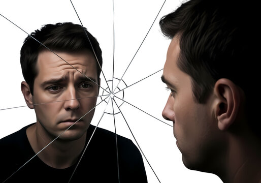 Man facing fractured reflection with worried expression