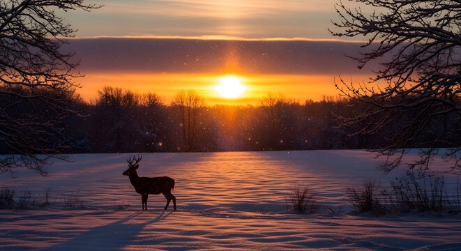A lone deer silhouetted against a vibrant winter sunrise over a snow-covered landscape.