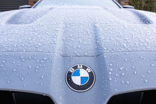 Northumberland,United Kingdom - November, 21, 2025: Frost covered sport car details in winter, set of various images. Forzen luxury sports car detail in cold weather