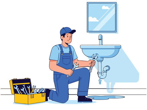 Plumber fixing leaky sink pipe in bathroom repair service illustration