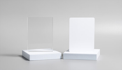 Clear acrylic sign and blank white card displayed on foam platforms evoking minimal product mockup and studio lighting for modern presentation and advertising