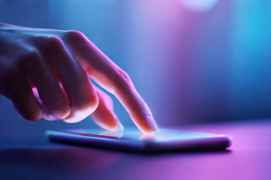 Finger touching smartphone screen with neon lights, using social media app