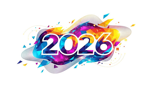 Year "2026" in bold white text over a vibrant, abstract, geometric shape on black
