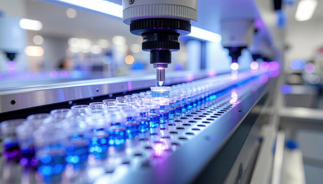 Automated laboratory analyzer test tube liquid sample blue solution pipette production line biotechnology clinical testing sterile environment research instrument