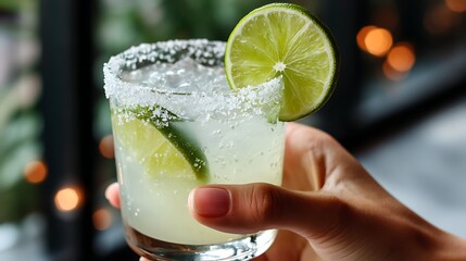 Refreshing Lime Cocktail in Hand with Salted Rim in Cozy Indoor Setting